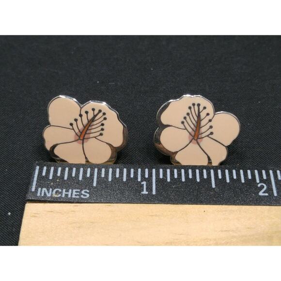 Laurel Burch "Hibiscus" Pink Post Earrings, Rhodium Plated Silver Tone, 1980s - Picture 10 of 10